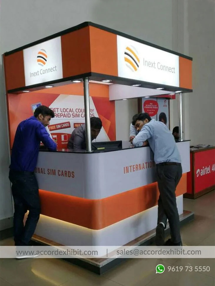 Retail kiosk exhibition stall at Mall & airport kiosk – designed & fabricated by Stall Fabricators