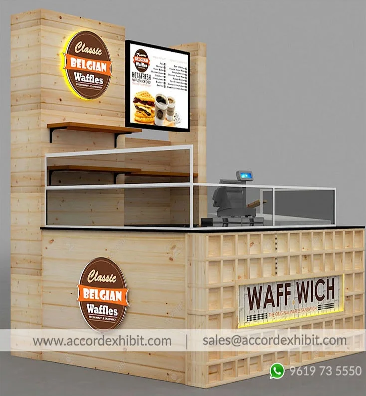 Retail kiosk exhibition stall at Mall & airport kiosk – designed & fabricated by Stall Fabricators
