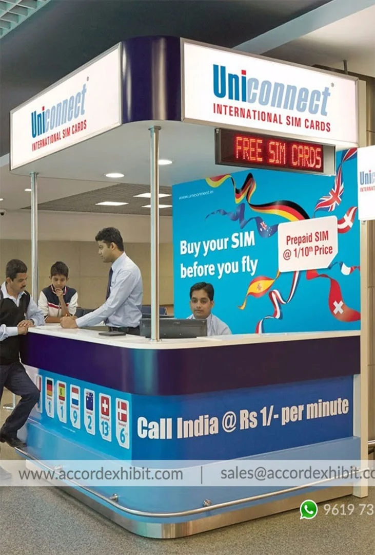 Retail kiosk exhibition stall at Mall & airport kiosk – designed & fabricated by Stall Fabricators