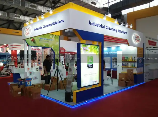 Care Clean exhibition stall at Clean India Show – designed & fabricated by Stall Fabricators