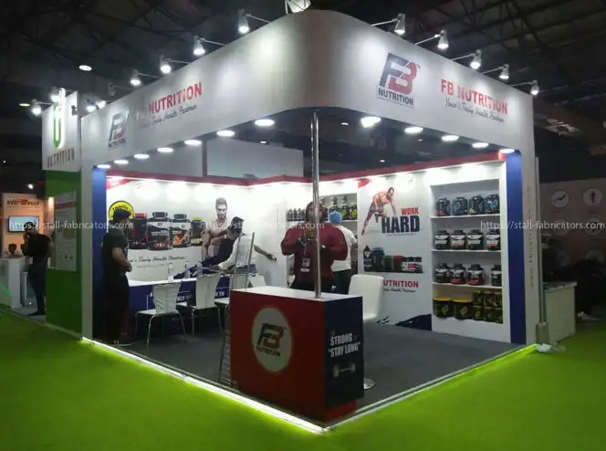 FB Nutrition exhibition stall at IHFF Expo – designed & fabricated by Stall Fabricators