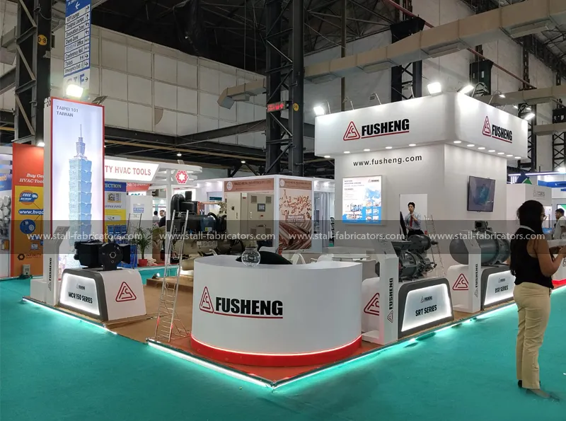 Fusheng exhibition stall at Acrex India – designed & fabricated by Stall Fabricators