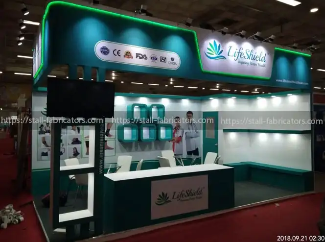 Lifeshield exhibition stall at Medical Expo – designed & fabricated by Stall Fabricators