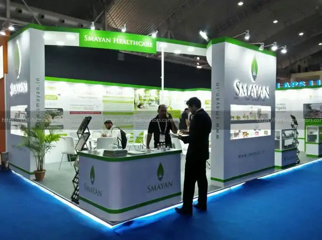 Smayan exhibition stall at Indian Pharma Expo – designed & fabricated by Stall Fabricators